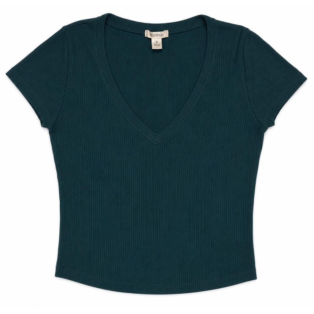 Bozzolo Womens Ribbed V-Neck Short Sleeve Top Forest Green RT52610 Size Large